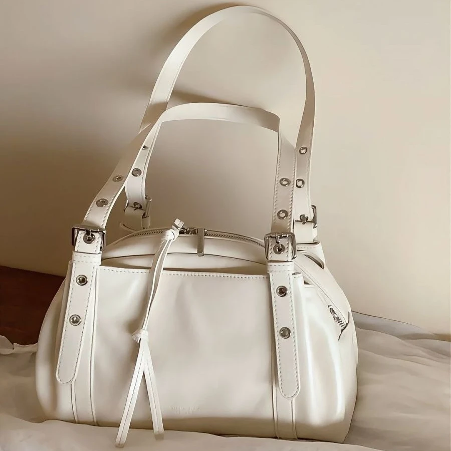 White PU Leather Y2k Metal Buckle Belt Large Capacity Storage Bag Shoulder Bags Handbag Wallet Lipstick Storage Bags Woman Bag