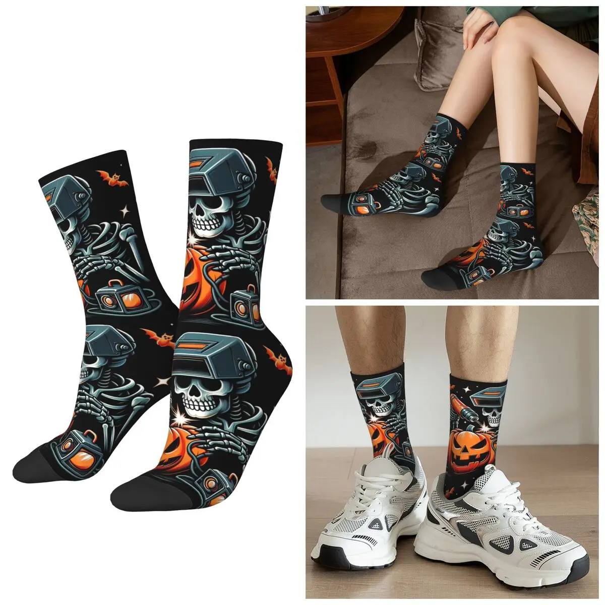 

Всесезонный костюм сварщика с черепом на Хэллоуин, носки со скелетом сварщика, спортивные носки в стиле Харадзюку, мягкие чулки для мужчин и женщин