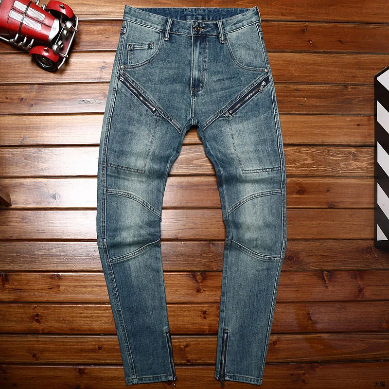 Street style zipper design motorcycle jeans for men trendy wild stretch slim fit skinny 2024 New retro trousers men