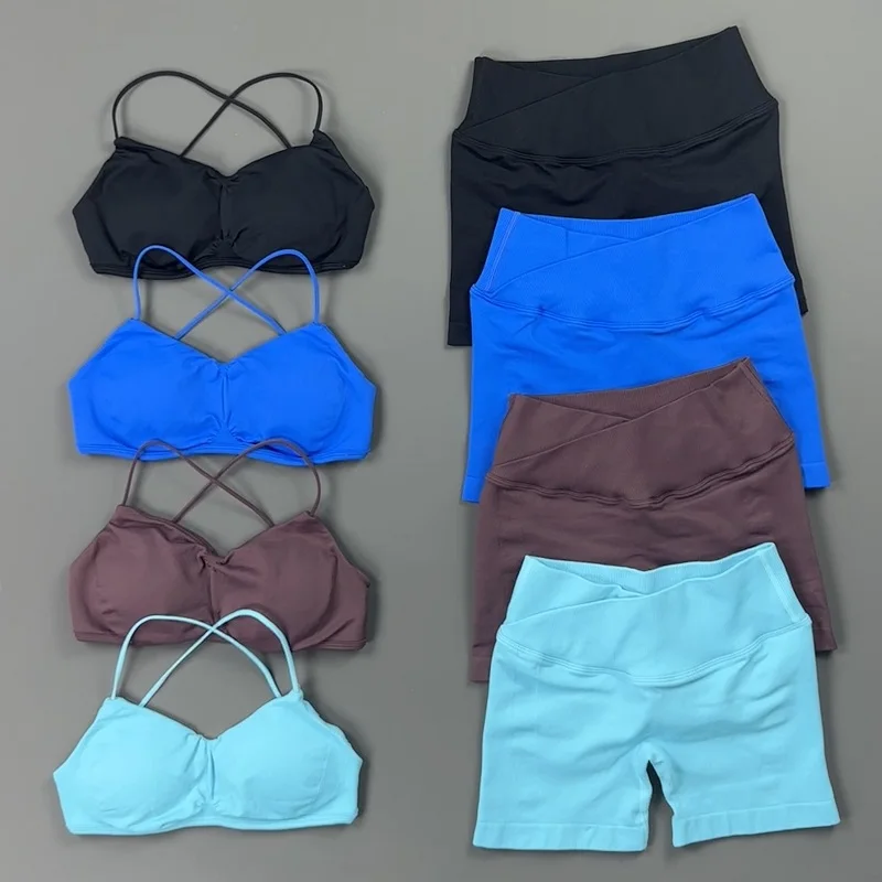 2 Piece Yoga Set Women Criss‑Cross Back Straps Bralette Crossover Waist Yoga Shorts Buttery-Soft Gym Training Workout Activewear