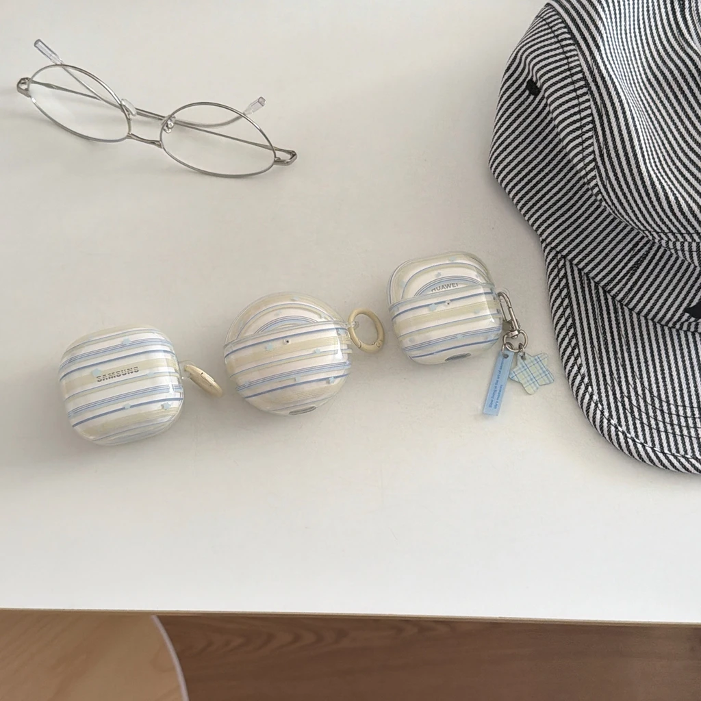 Minimalist Clear Blue Stripe Korean Fresh Vibe With Pendant Earphone Cover Case for Samsung Galaxy Buds 3 Pro 2 Pro FE Live