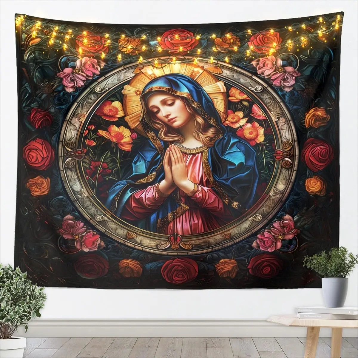 Decorative Religious Tapestry Wall Hanging Polyester Christian Art Home Decor Virgin Mary Floral Gothic Mural Large Picture