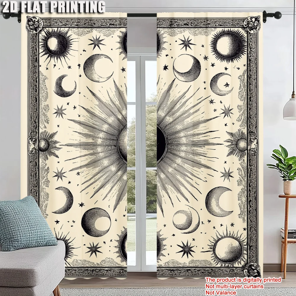 

2Pcs Bohemian Moon Sun Window Curtain Vintage Star Design Polyester Material Rod Pocket Drapes For Bedroom Living Room