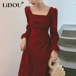 Autumn Winter Square Collar Velvet Elegant Fashion Midi Dress Women Long Sleeve Robe Temperament Vestido Evening Party Dresses