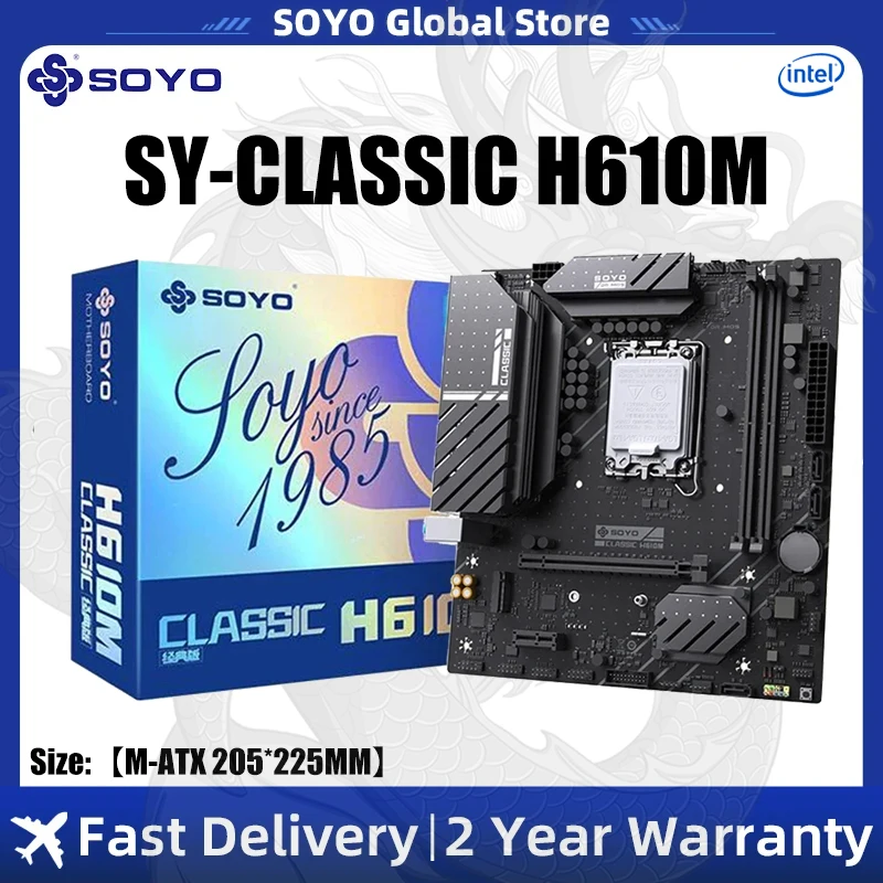 SOYO New Classic H610M Gaming Motherboard M.2 PCIE4.0x16 LGA1700 USB3.2 Supports Inter 14/13/12 Gen Core (12400F/12600KF/13600K)