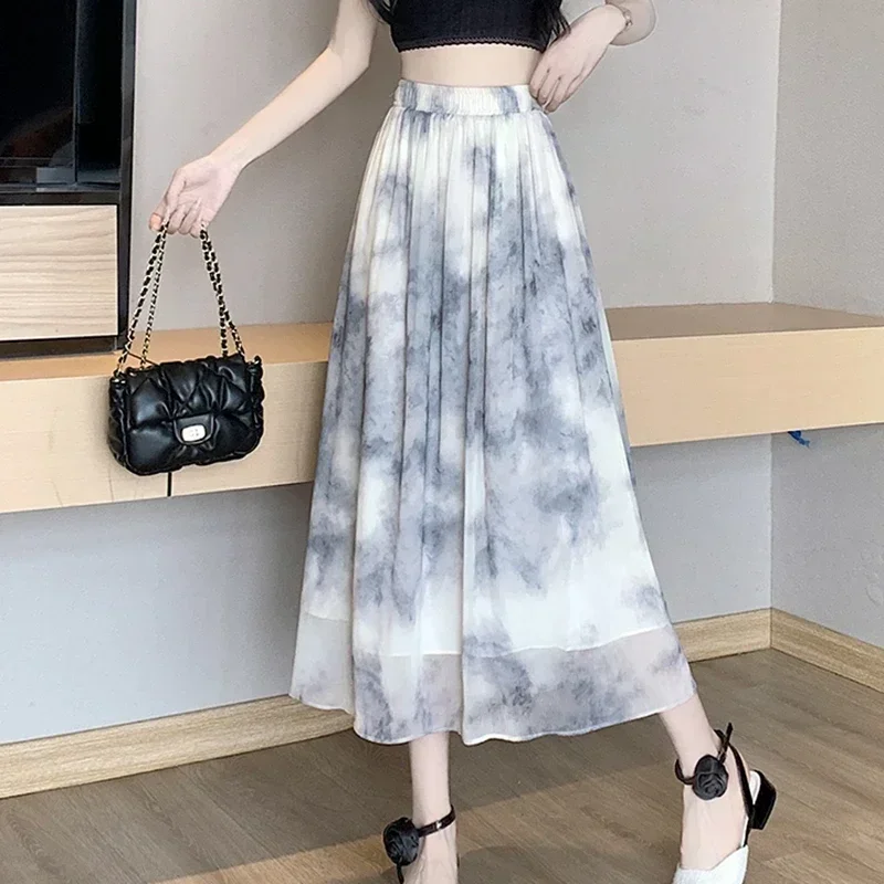 여름 쉬폰 라인 스커트 여성 2025 빈티지 한국 패션 Y2k 의류 높은 허리 Faldas 캐주얼 탄성 긴 Pleated 스커트
