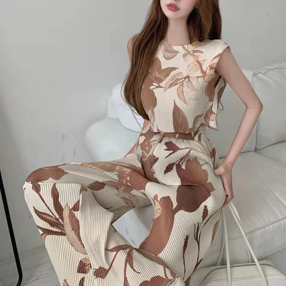 Women Vest Sleeveless Vest Pleated Printed Sleeveless Vest Suit Summer Two Piece Set Wide Leg Trousers For Women