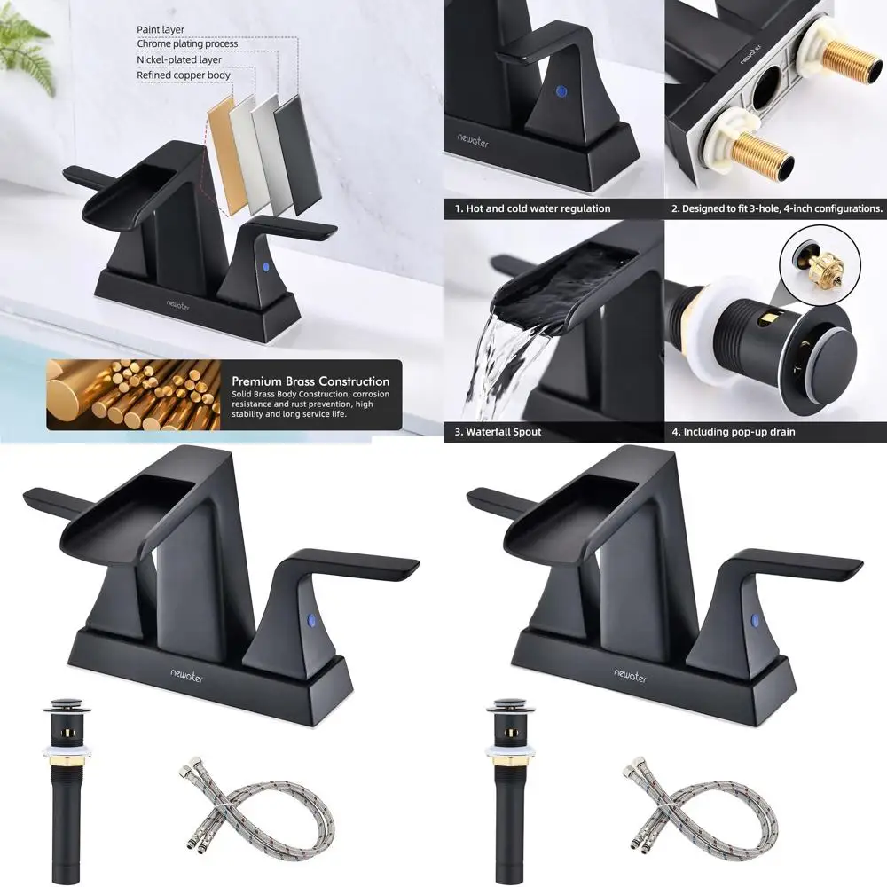 

4 матовых черных смесителя для раковины с 2 отверстиями для ванной комнаты с выдвижным сливом и 2 шлангами, туалетный столик с 2 ручками и центральной установкой