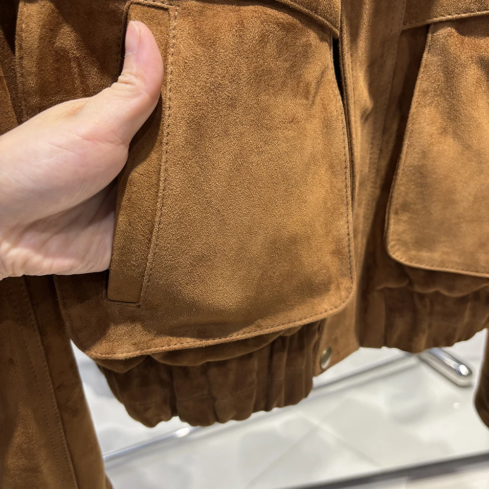 YOLOAgain 2026 Spring Short Suede Bomber Jacket Women Genuine Sheepskin Leather Jacket Ladies