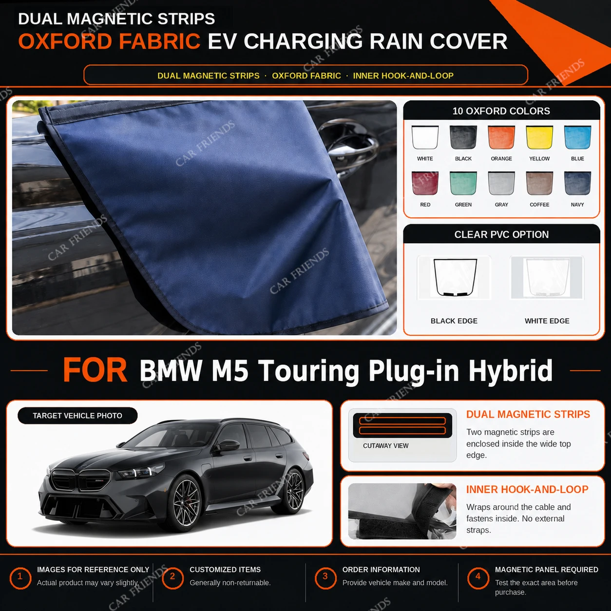 For BMW M5 Touring Plug-in Hybrid Oxford Fabric EV Charging Port Rain Cover with Dual Magnetic Strips Water-Repellent Scratch-