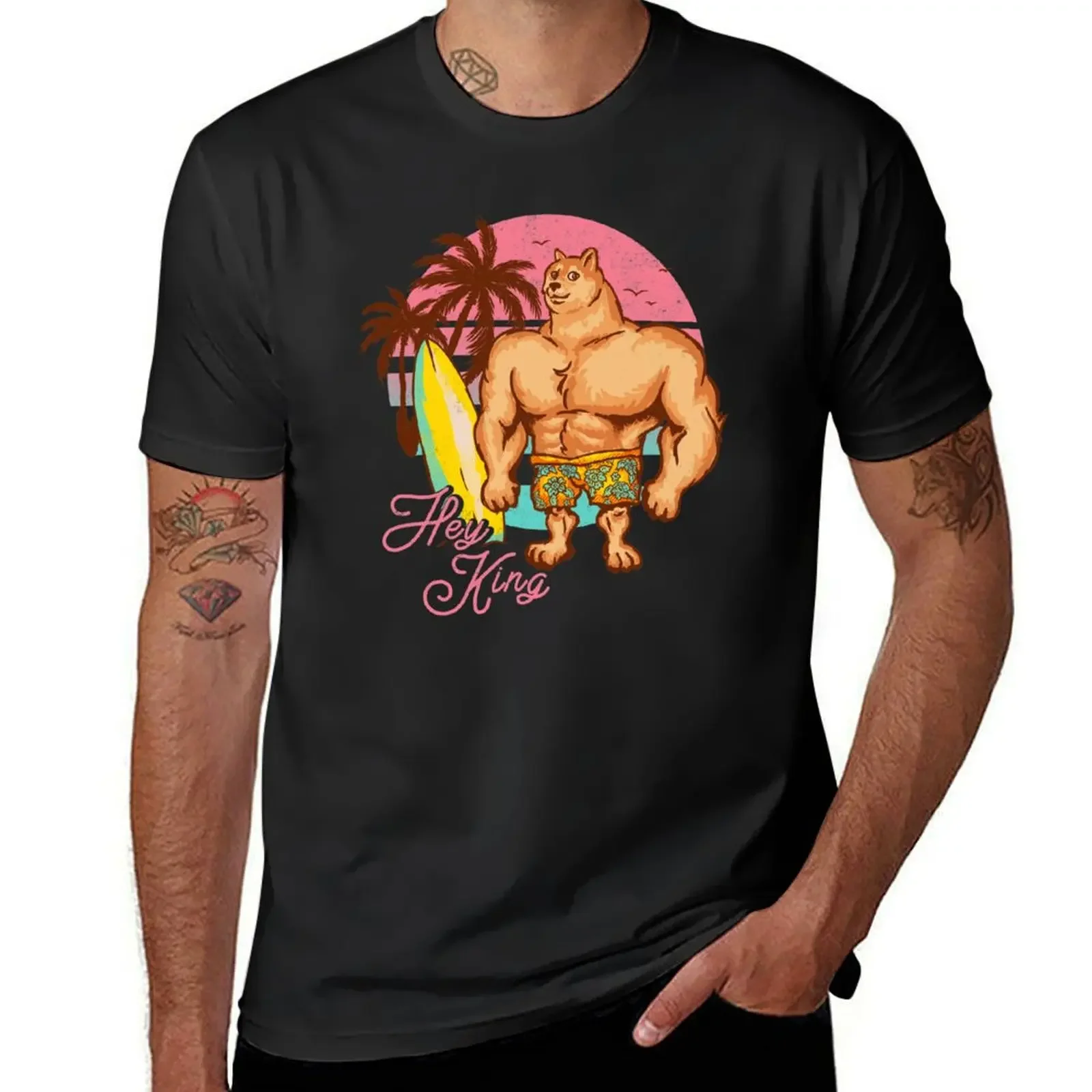 Swole Doge Chilling on the Beach | Pink | Hey King | Big Muscle Buff Dog Meme Chad Shiba Inu Doggo Dank Memes Bonk Dorim T-Shirt