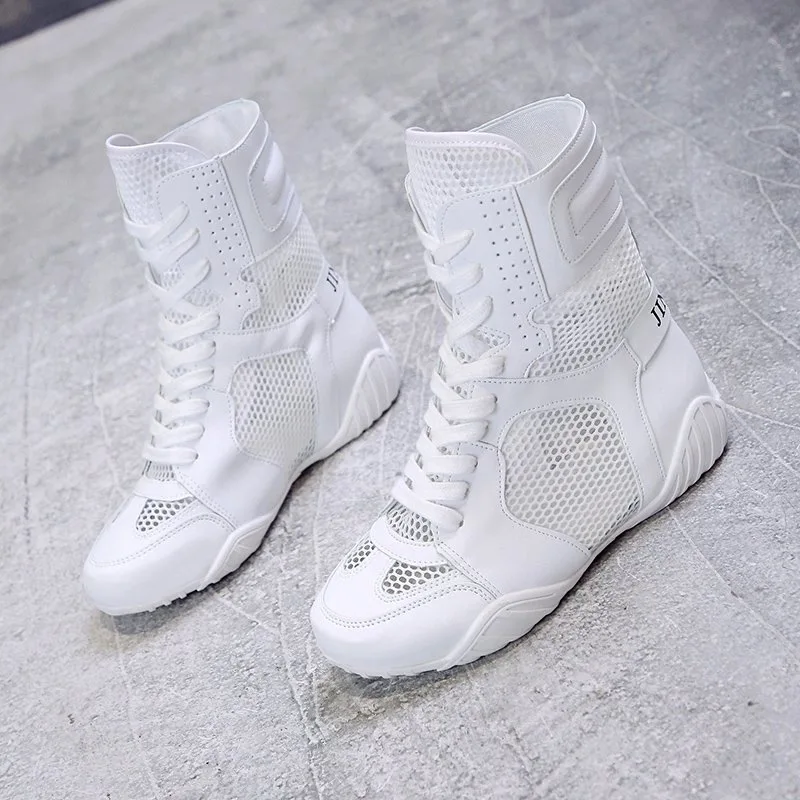 High Top 2024 summer new thin all-matching new thick bottom white mesh breathable hollow ankle boots