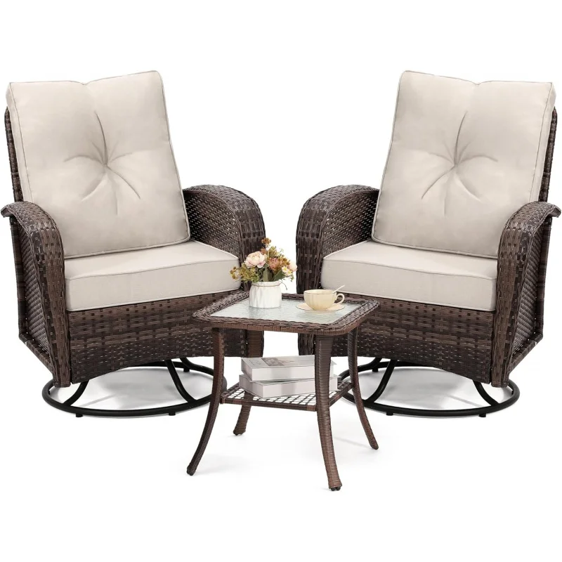 

Brown Rattan Outdoor Swivel Wicker Glider Set – Beige Overstuffed Washable Cushions + Table Porch Deck