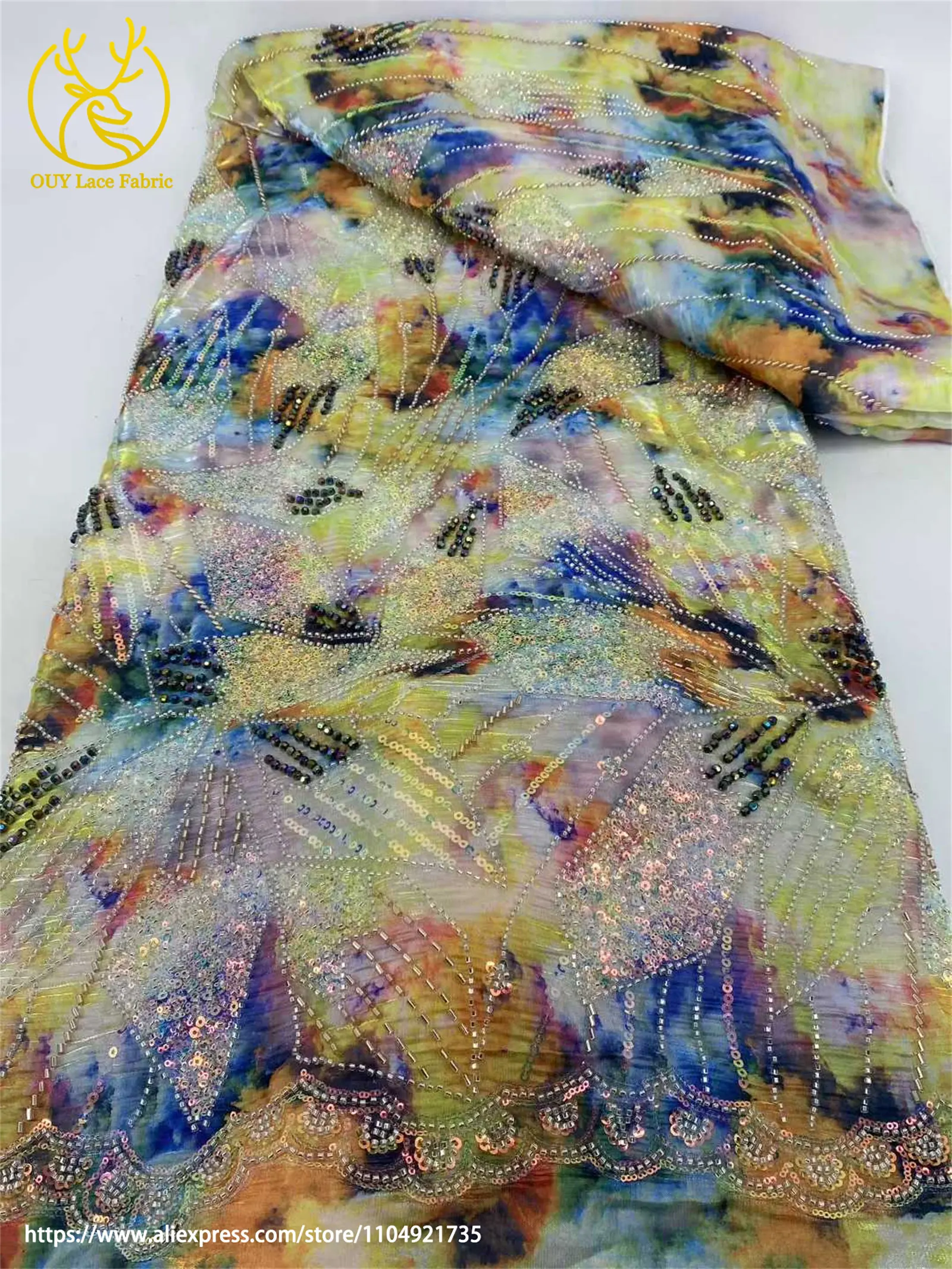 Französisch Bunte Mode Frauen Party Abendessen Kleid Nähen Material Hohe Qualität Afrikanische Pailletten Perlen Stickerei Spitze Stoffe – Detail 8