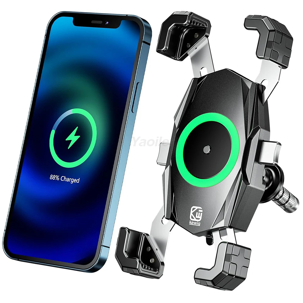 دراجة نارية شوكة الجذعية الهاتف جبل مع Qi 15 واط شاحن لاسلكي USB C 20 واط شحن سريع ميناء واحد دفع قفل حامل هاتف المقود