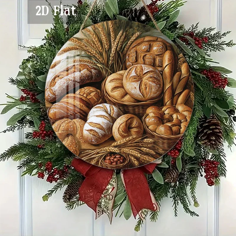 2D Flat - 1pc Wooden Panel Art Featuring Various Types of Bread, Including Wheat Stalks. This Round Wooden Decoration Showcases