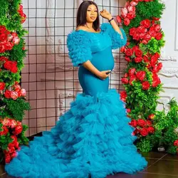 Blue Maternity Photoshoot Dress Tulle Prom Dresses Women Sweetheart Baby Shower Gown Ruffled Customized vestido de novia