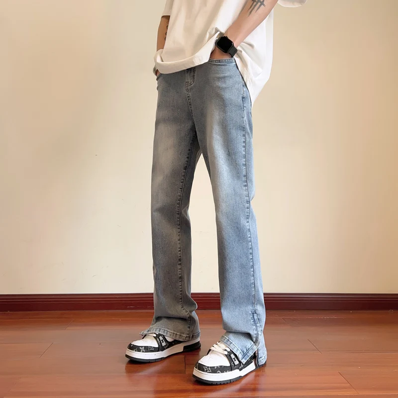 

Elastic Straight Leg Men's Jeans Spring Autumn New Sle High Street Vibe Torn Bell Bot Youth Faion Wear Resistant