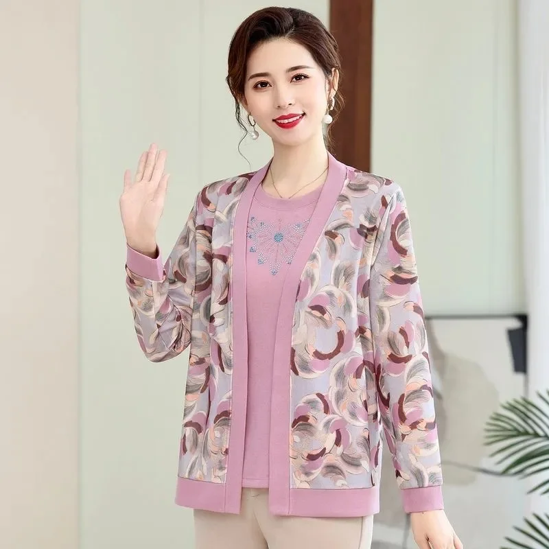 Women knitted Tops 2025 New Spring Autumn Long Sleeve Cardigan Two Pieces Suits Large Size Middle Age Female Elegant 2PCS Set