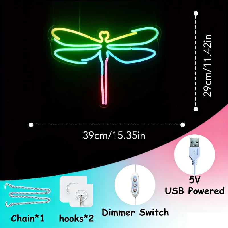 Dragonfly Neon Sign Dimmable USB LED Neon Light Wall Decor for Florist Studio Cafe Homestay Garden Party Bedroom Birthday Decor