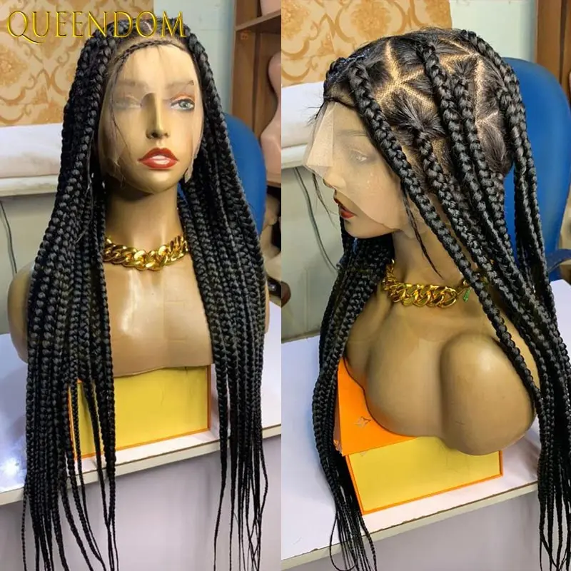 36 بوصة صندوق جامبو شعر مستعار مضفر طويل أسود الاصطناعية كامل الدانتيل جديلة شعر مستعار كبير مربع Knotless صندوق الضفائر شعر مستعار للنساء السود