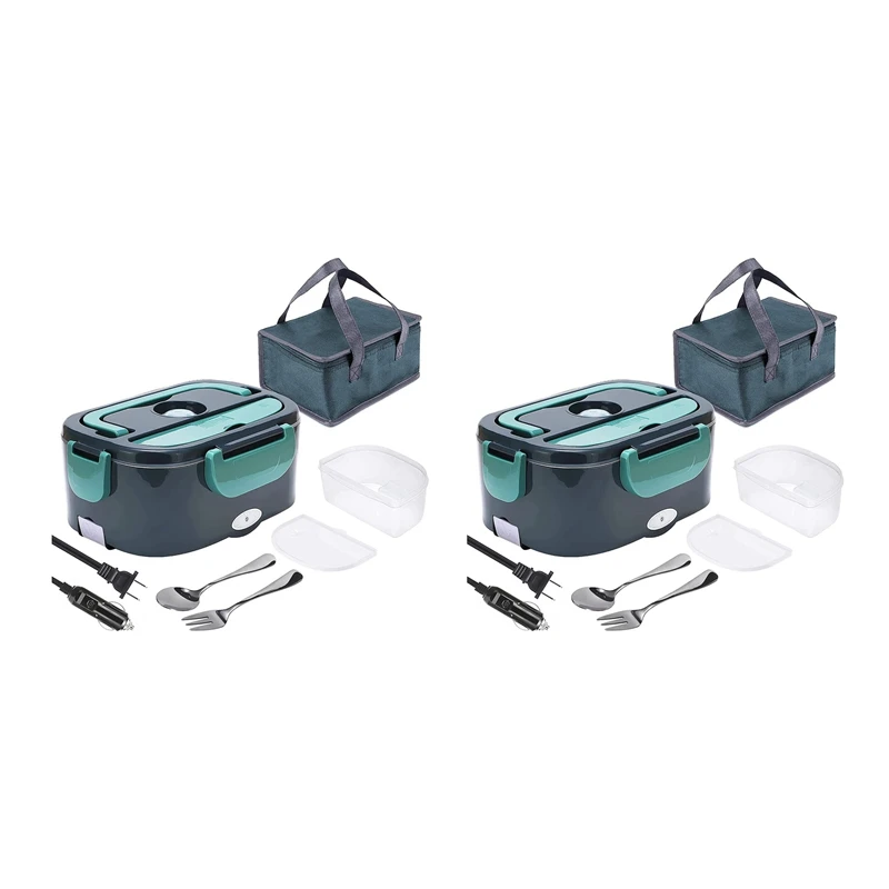 

2X Electric Lunch Box,2 In 1 Portable Food Warmer Heater Lunch Box For Car,Work,Home&Office -Capacity 1.5L US Plug Green