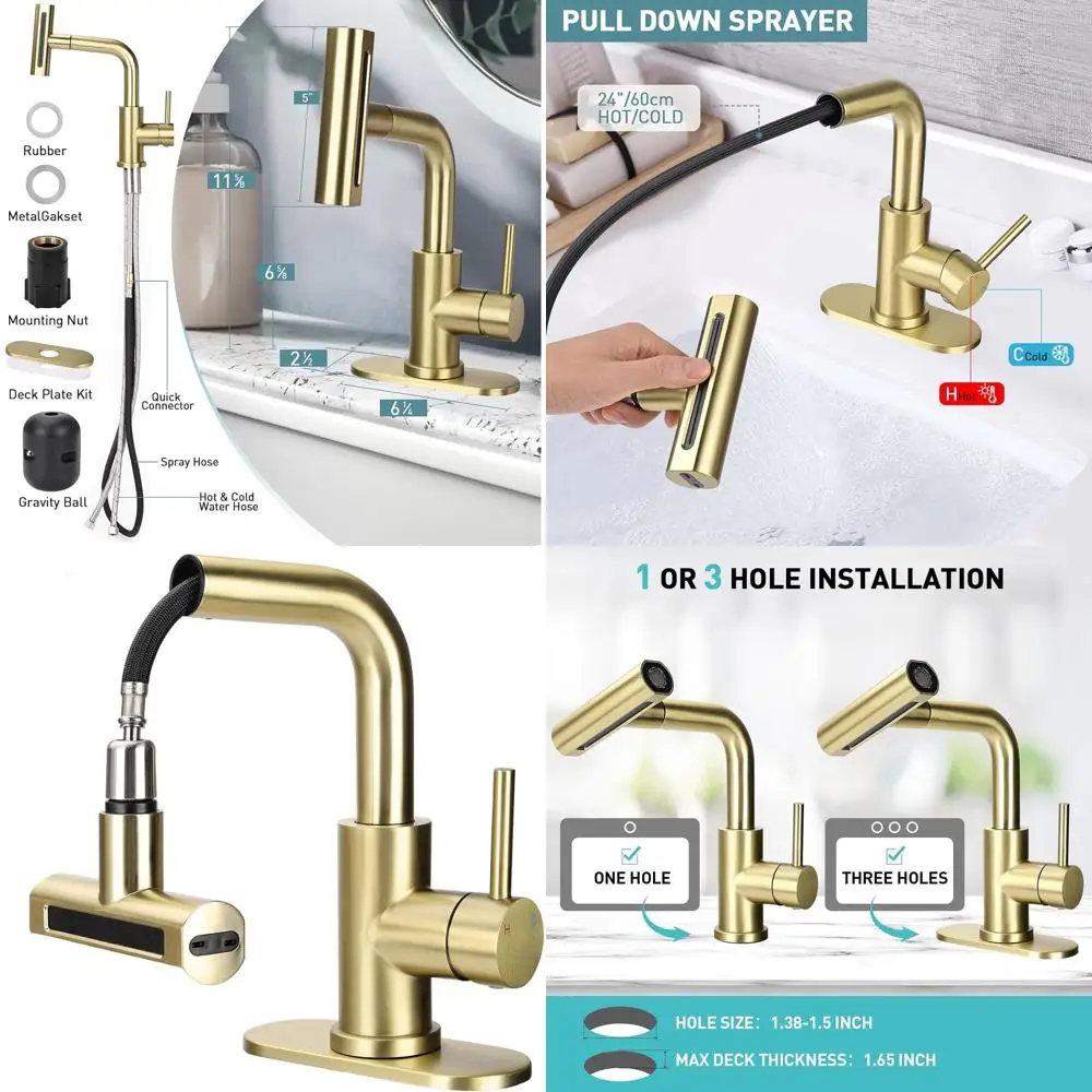 

4-in-1 Brushed Gold Pull-Down Spray Bathroom Sink Faucet for 1 or 3 Hole Installations