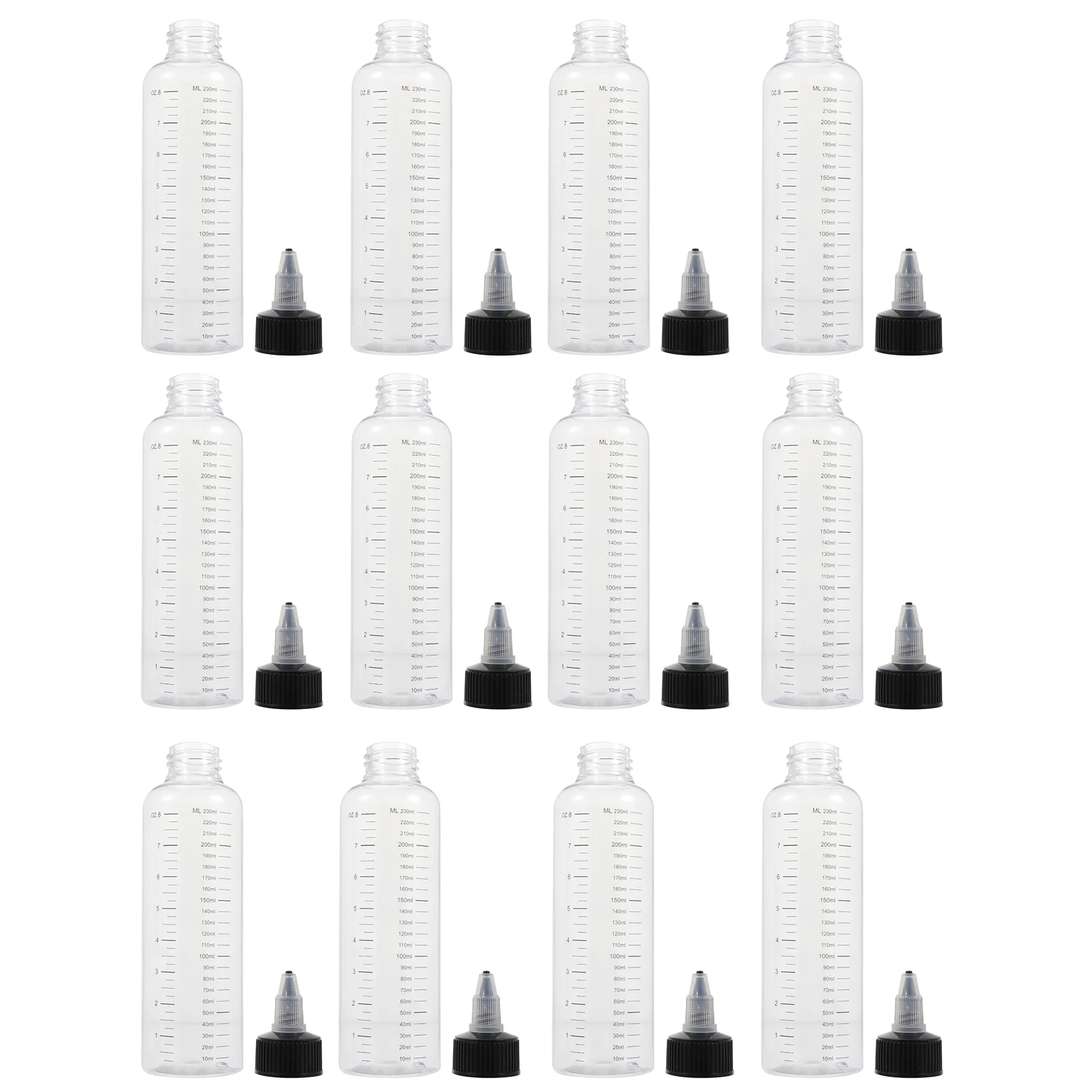 

12 Pcs Transparent Nozzle Tip Bottles 230ML Graduated Squeeze Dispensing Plastic Empty Refillable Liquid Container Hair Salon