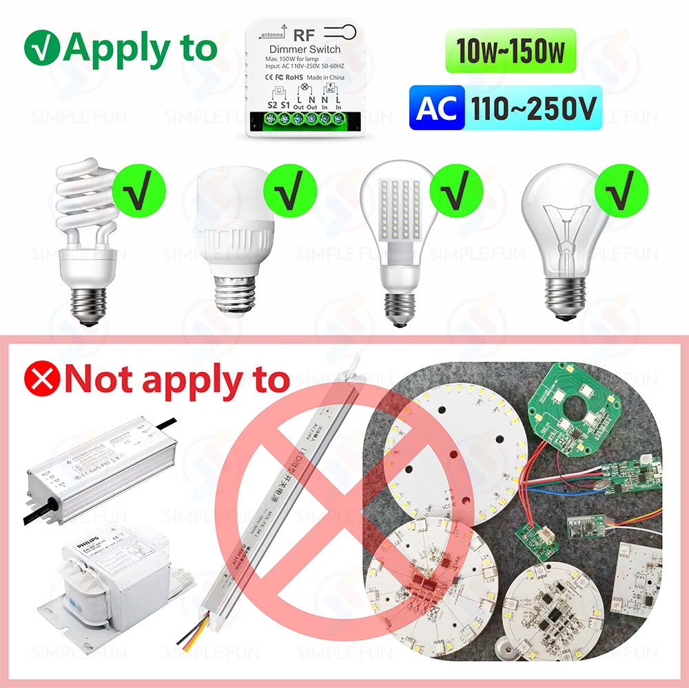433mhz Wireless Dimmer Light Switch AC 110V 220V 230V Dimmable Switch Module 5-in-1 Remote,for 10~150W LED Bulb Halogen Dimming