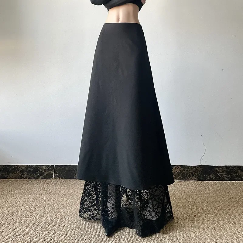 

Elegant Floor Length A Line Skirt With Lace Hem For Office Wear Women Fashionable Long Skirt