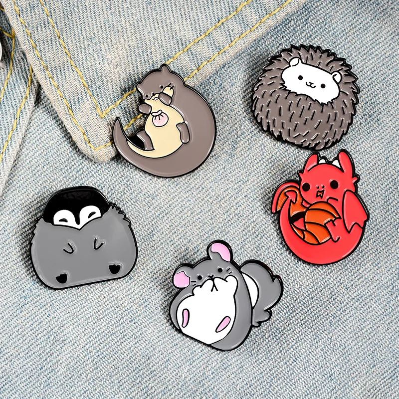 Cute Enamel Pin Chinchilla Hedgehog Otter Penguin Dragon Badge Brooch Lapel Pin Shirt Bag Jewelry Gift For Kids