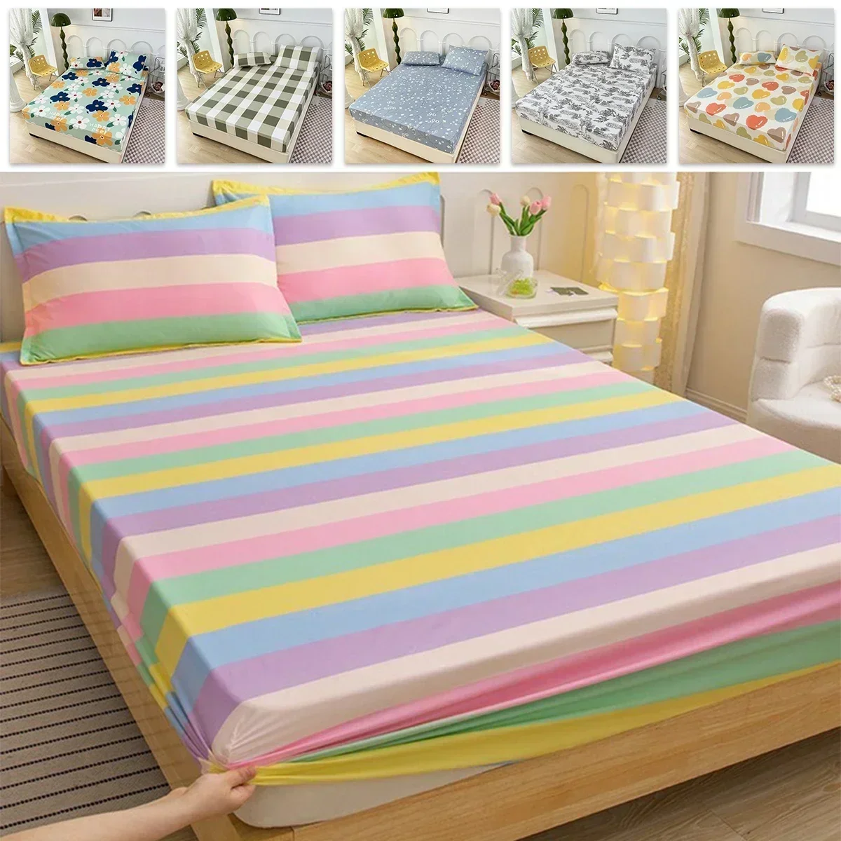 3PCS Bedroom Printed Sheet Breathable and Comfortable Washed Cotton Bedsheet with Elastic 90/120/150/180/200 with Pillowcase 침구류