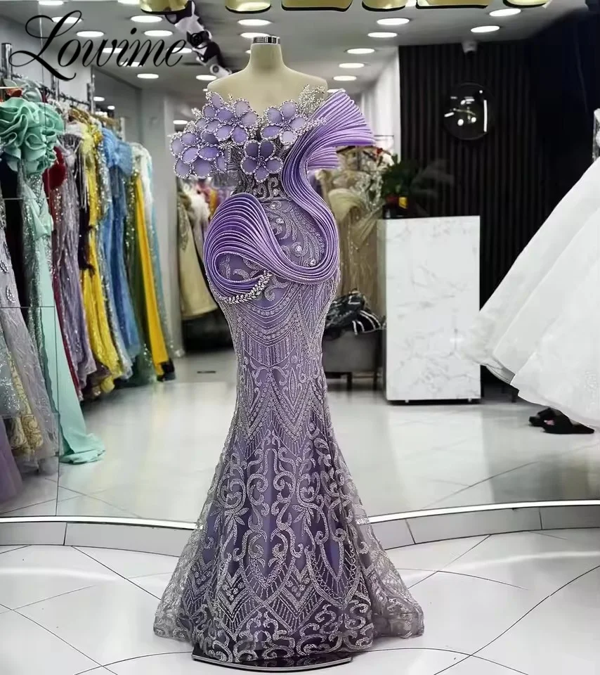 

Customized Lilac Floral Off The Shoulder Mermaid Prom Dresses Sparkle Crystals Arabic Evening Formal Party Birthday Gowns Dress