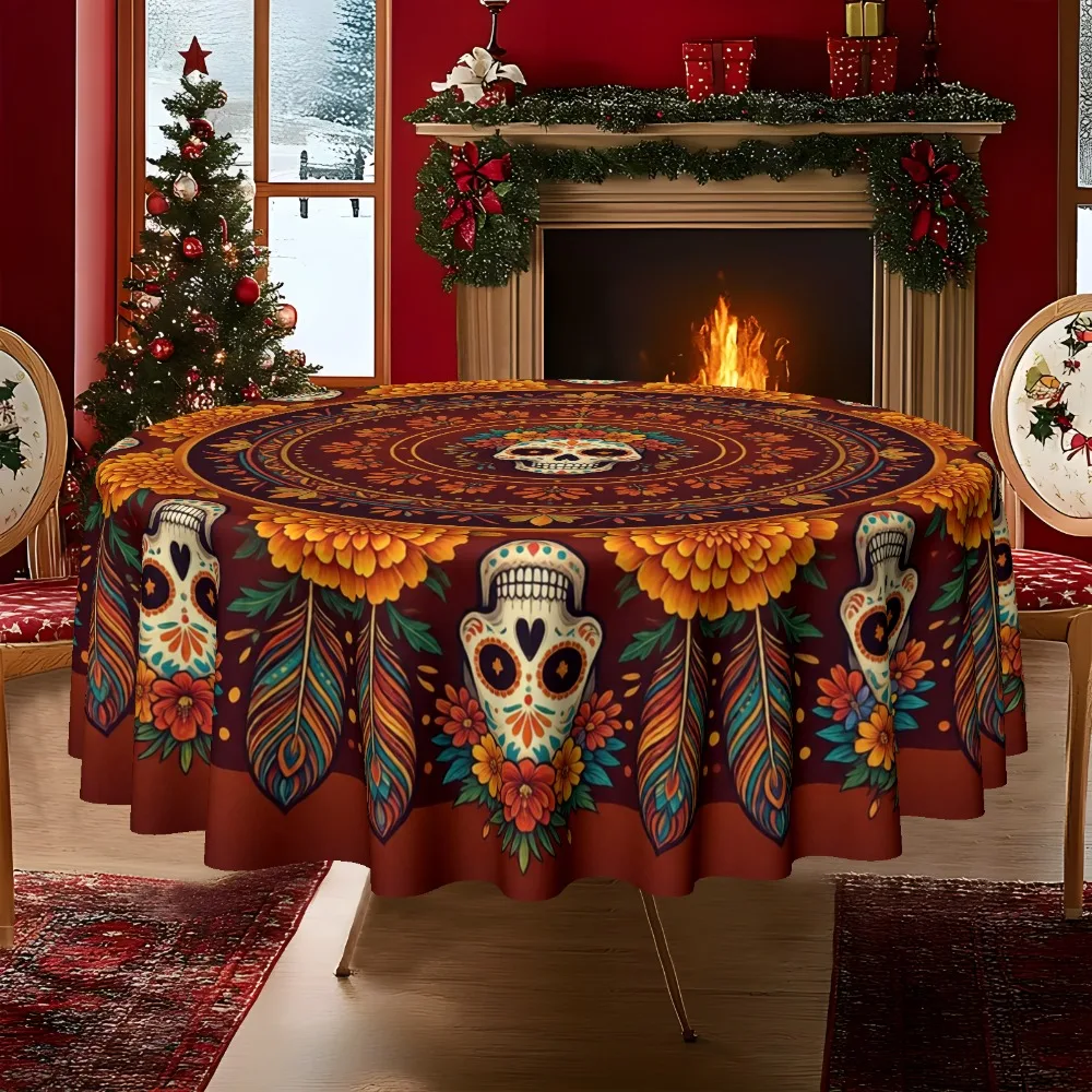 One tablecloth, with a Halloween theme style, featuring bright sugar skulls and marigold flower prints on the tablecloth.zyc
