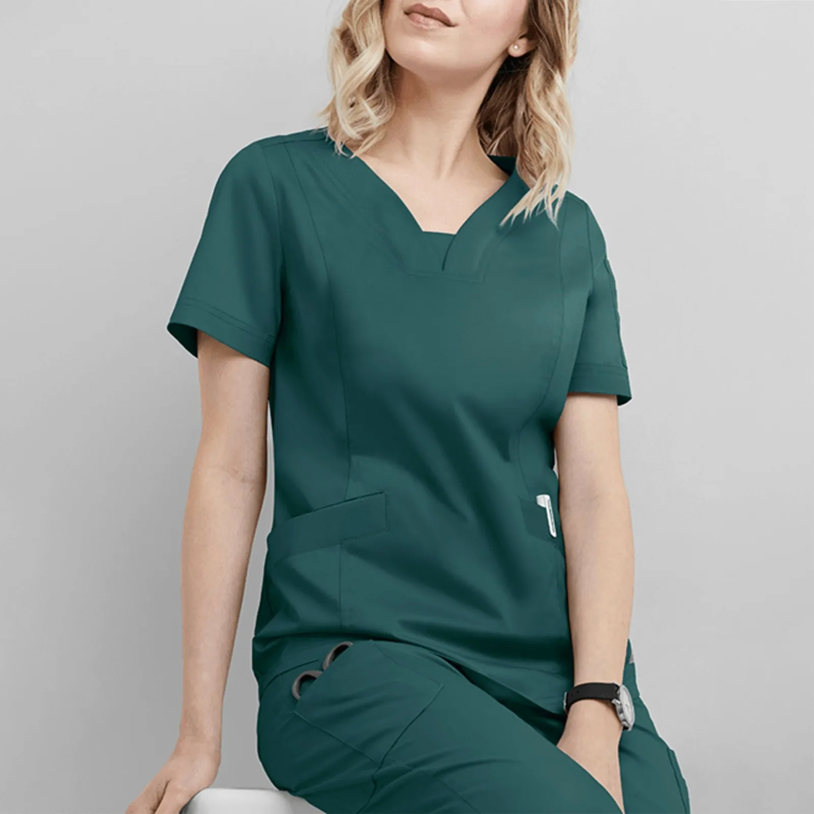 Nursed Blouse V-Neck Pocket Care Workers T-Shirt Tops Care Workers Nurse Uniform Workwear Women Hospital Solid Color Working