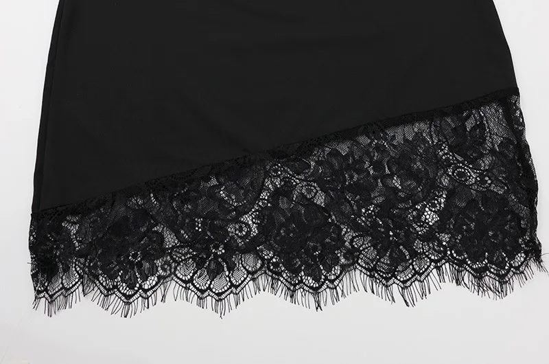 Sommerliches schwarzes Spitzenkleid mit transparenter Taille, schmal geschnitten, ärmellos, für den Alltag und Partys, Spaghettiträger, Mini-Kleid in Schwarz – Detail 10