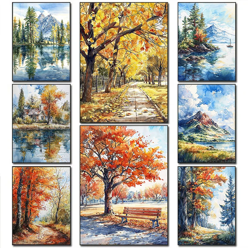1PC--Changing Seasons Tree Snow lake Poster Field Forest Landscape Print Canvas Painting oil painting Picture Home Room Vinta