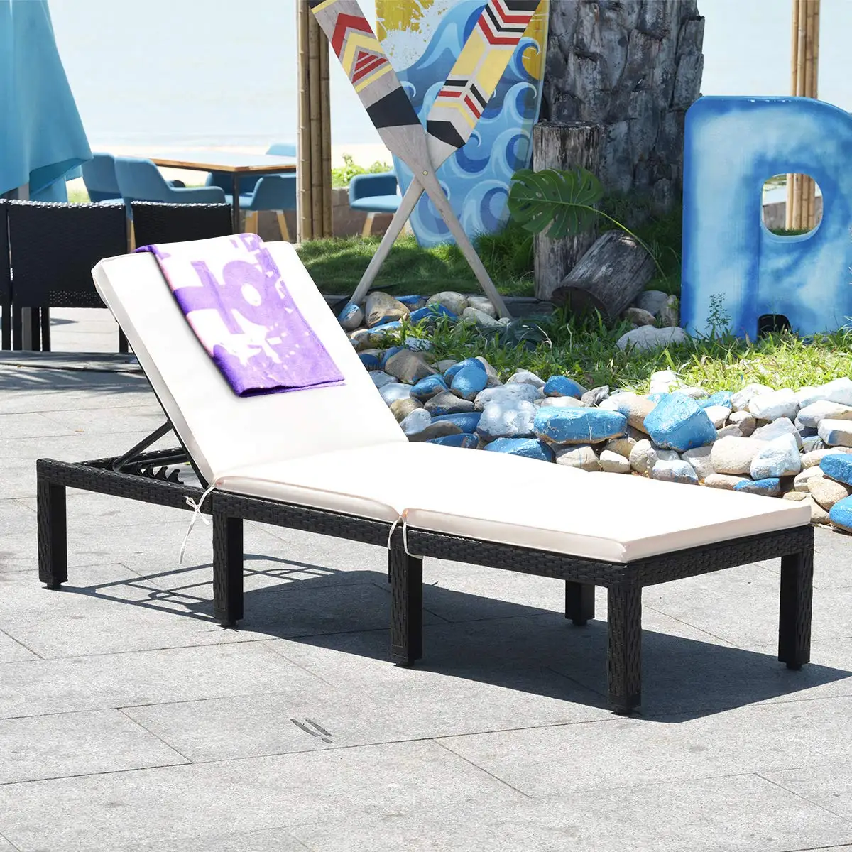 #Adjustable Reclining Rattan Lounge Chair with Backrest & Cushion for Patio Poolside Outdoor, Customized