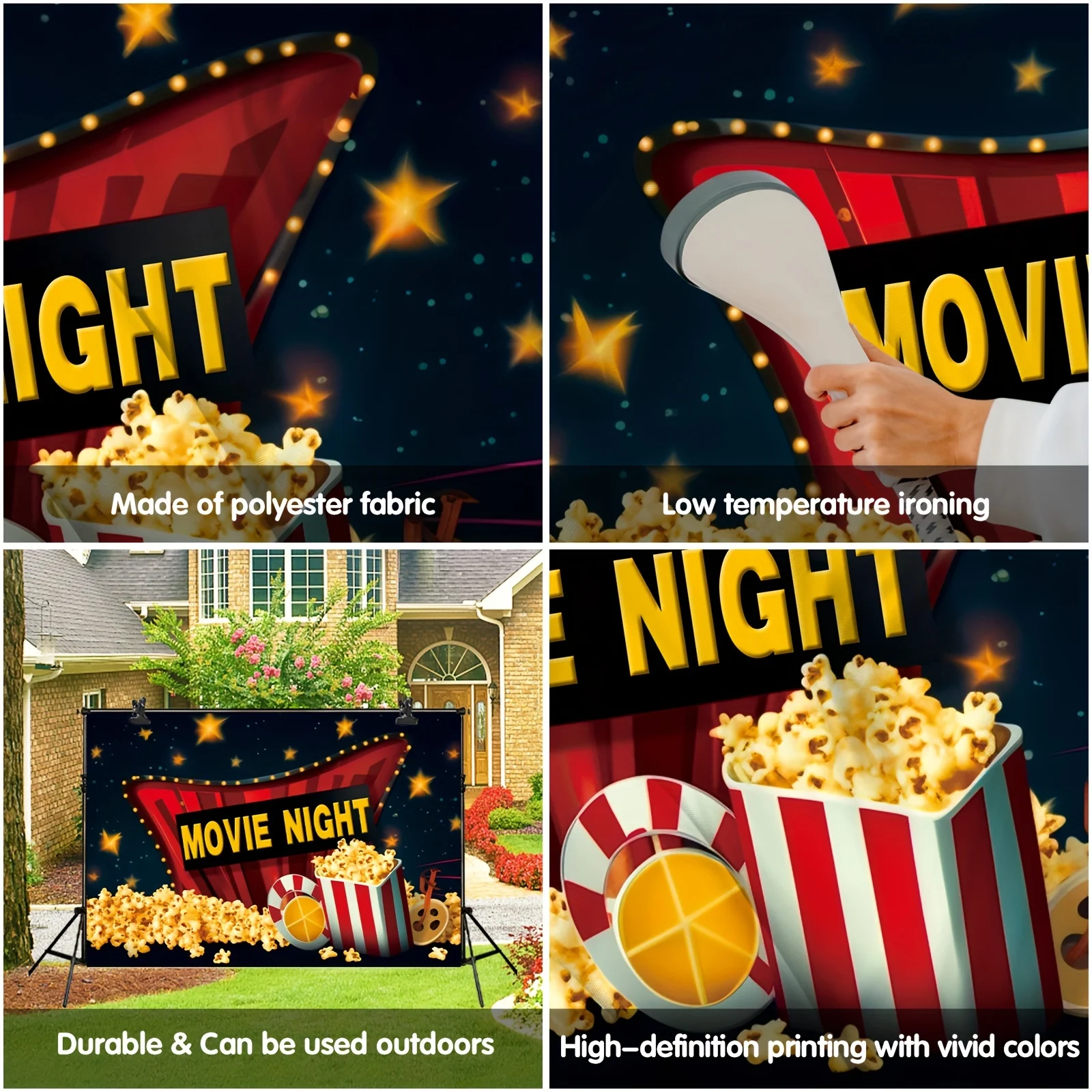 1pc, Movie Night Backdrop Cinema Lights Camera Film Popcorn Tape Party Poster Photography Backgrounds Decorations 59x39 Inch