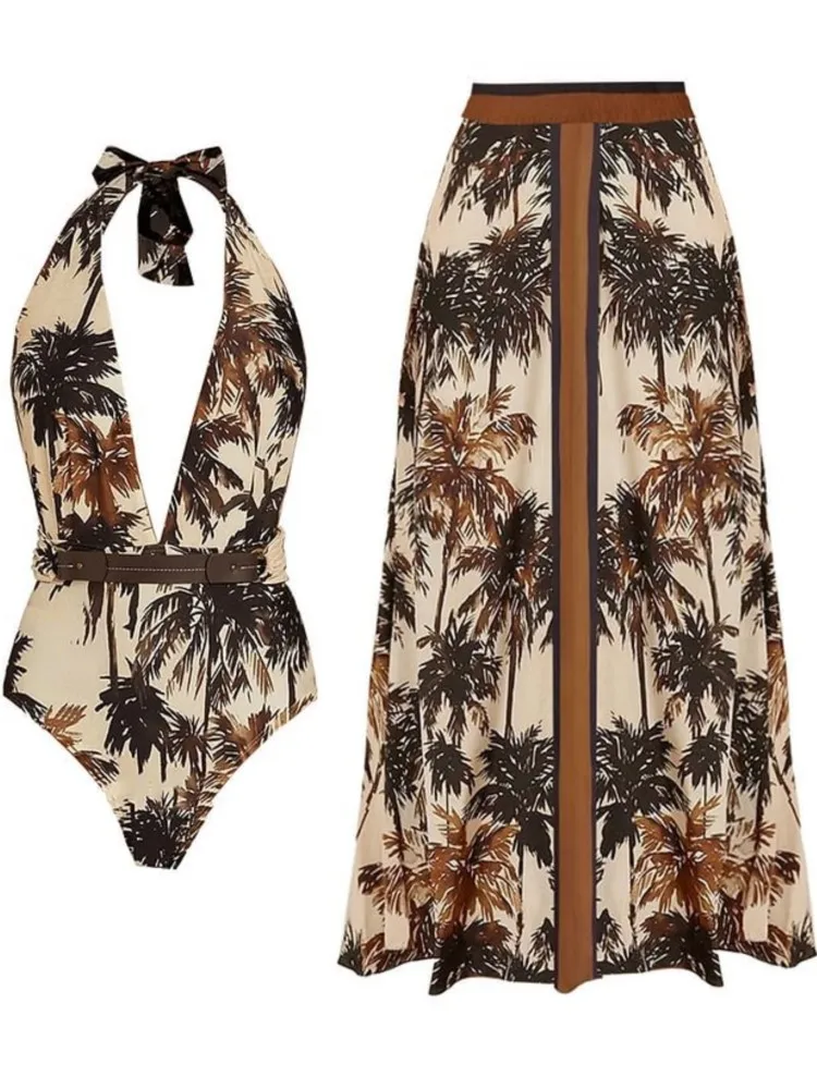 Printed Ruffle One Piece Swimsuit With Cover Up Sexy Swimwear Women Flat Belly Swim Suits Bathsuit Belt Bodysuit Beach Outing