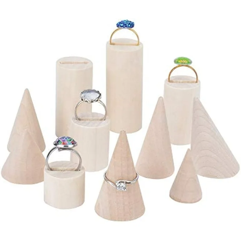 

11PCS Natural Wood Cone Ring Holders Unpainted Wood Cone Column Jewelry Ring Display Holder Wood Ring Holders for Display