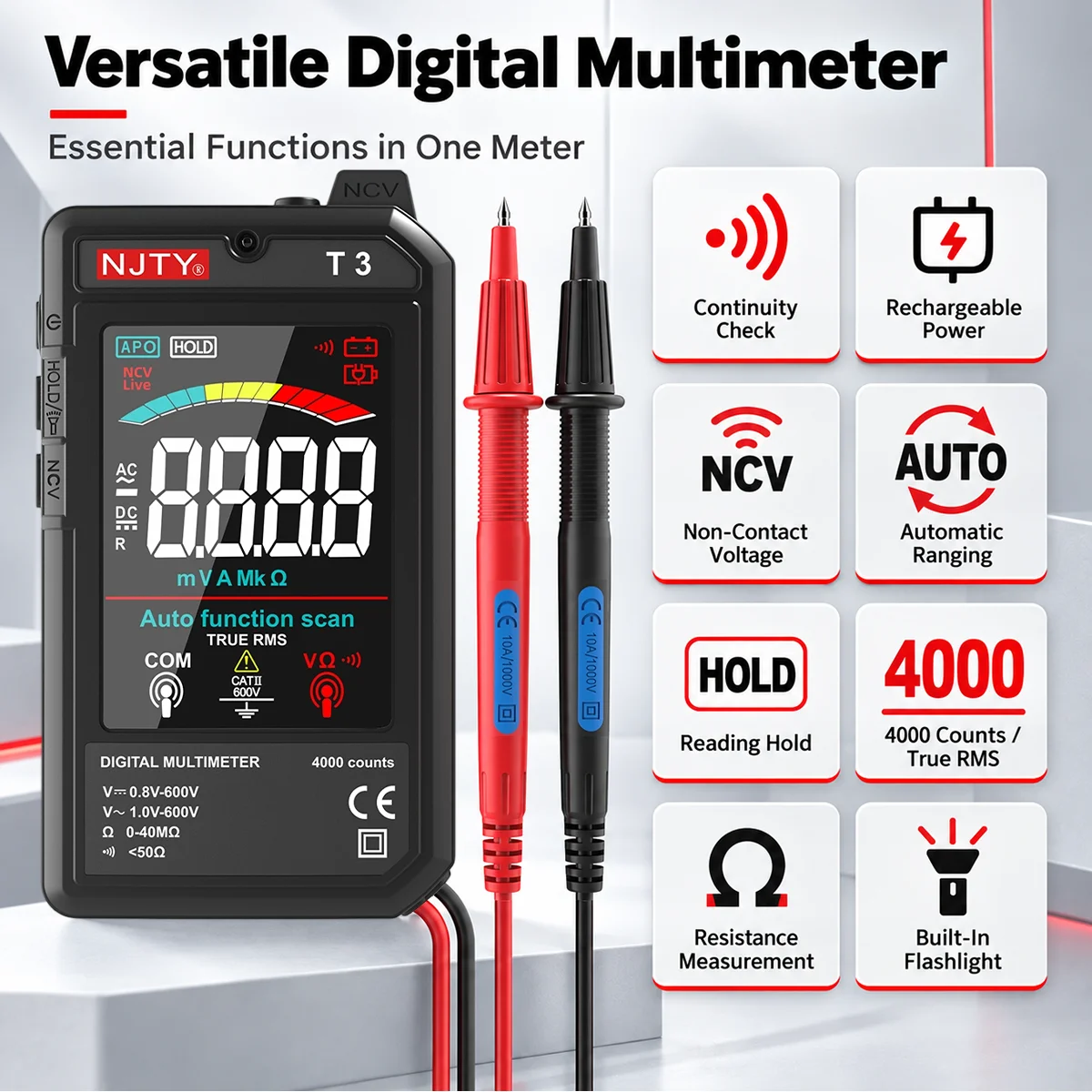 Upgrade T3 Digital Multimeter 4000 Counts True RMS Auto-Ranging AC DC Voltage Resistance Continuity NCV TypeC Rechargeable Meter