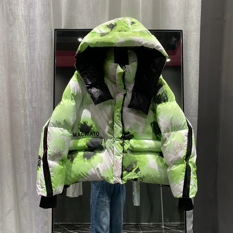 الشتاء قصيرة مطبوعة التعادل صبغ مقنعين أسفل سترة المرأة الأبيض بطة أسفل سترة أسفل عادية الإناث سستة سميكة الدافئة باركر أبلى #6