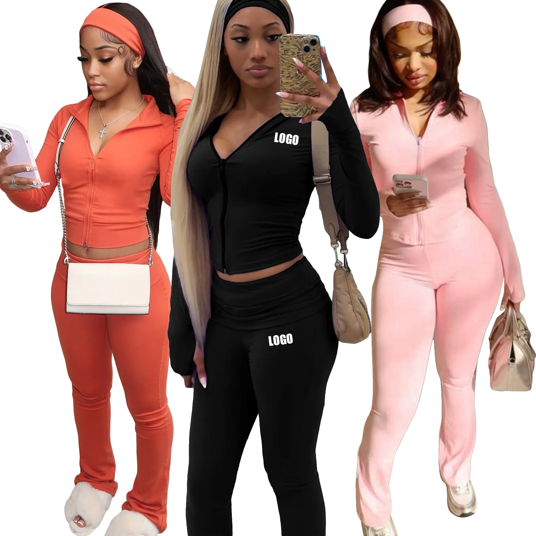 

Custom LOGO Women's Fashion Zip Cardigan Micro-Horn Velvet Two-Piece Set with Folded Waist And Headscarf Running Sports Outfit