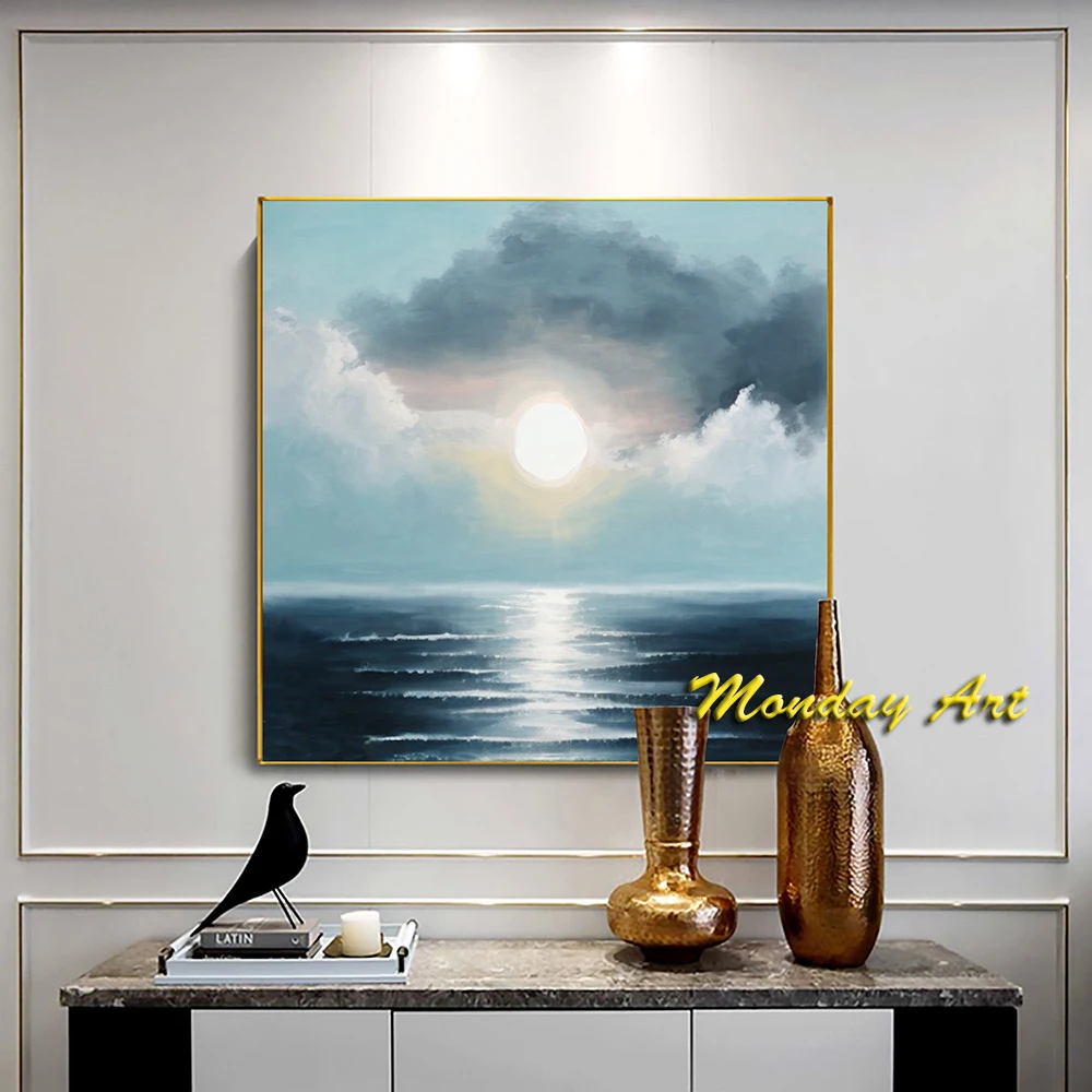 Hand Painted Oil Painting Abstract Seascape Oil Painting Large Wall Art Original Sunrise Blue Ocean Painting Living room Decor