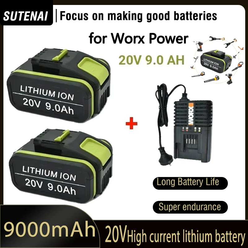 

2025 20V 9000mAh Lithium for Worx Power Tools WA3551 WA3553 WX390 WX176 WX178 WX386 WX678 Rechargeable Battery + Charger