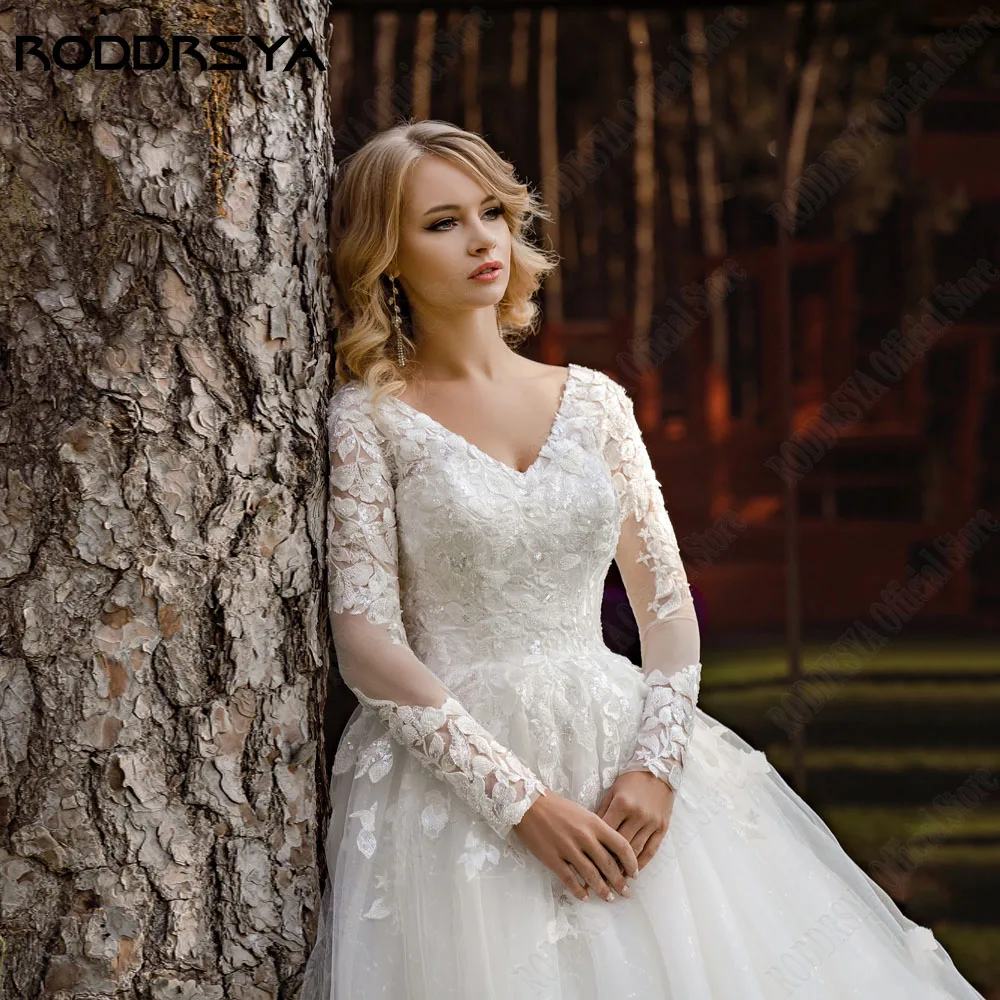 RODDRSYA Lace A-Line Wedding Dress Applique Long Sleeves Civil Sweep Train Vestido Novia Custom Made Civil Bride Dresses