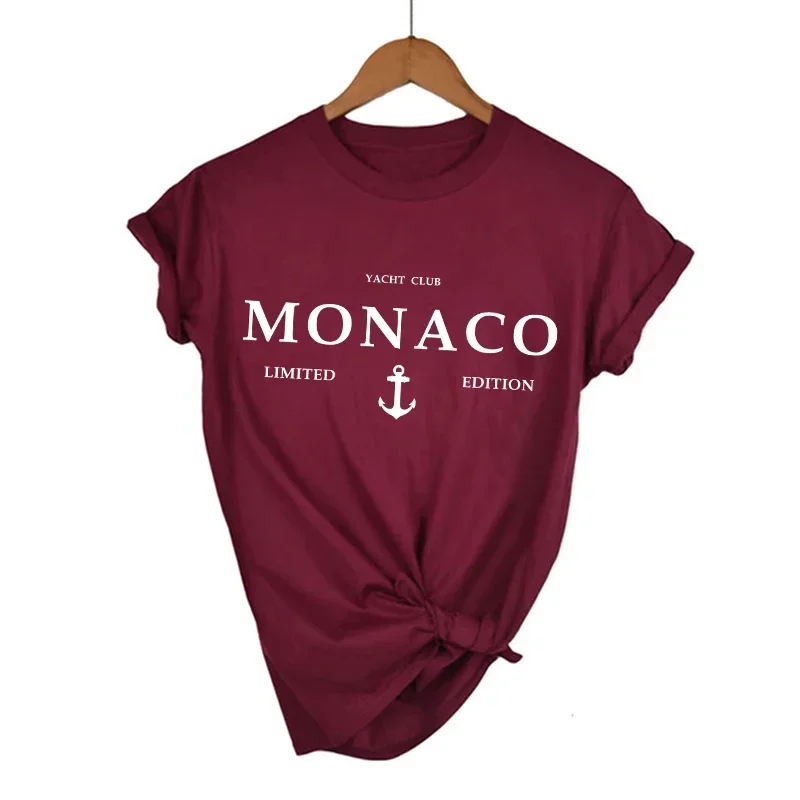 T-Shirt à Manches Courtes pour Femme, Vêtement en Pur Coton Doux, Imprimé Lettres Monaco, Y2k, Été