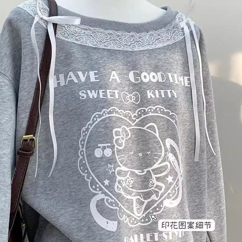 

Толстовка Sanrio Hello Kitty, кружевная, женская, осенне-зимняя, модная, новая коллекция, с открытыми плечами, с мультяшным принтом, уникальный дизайн