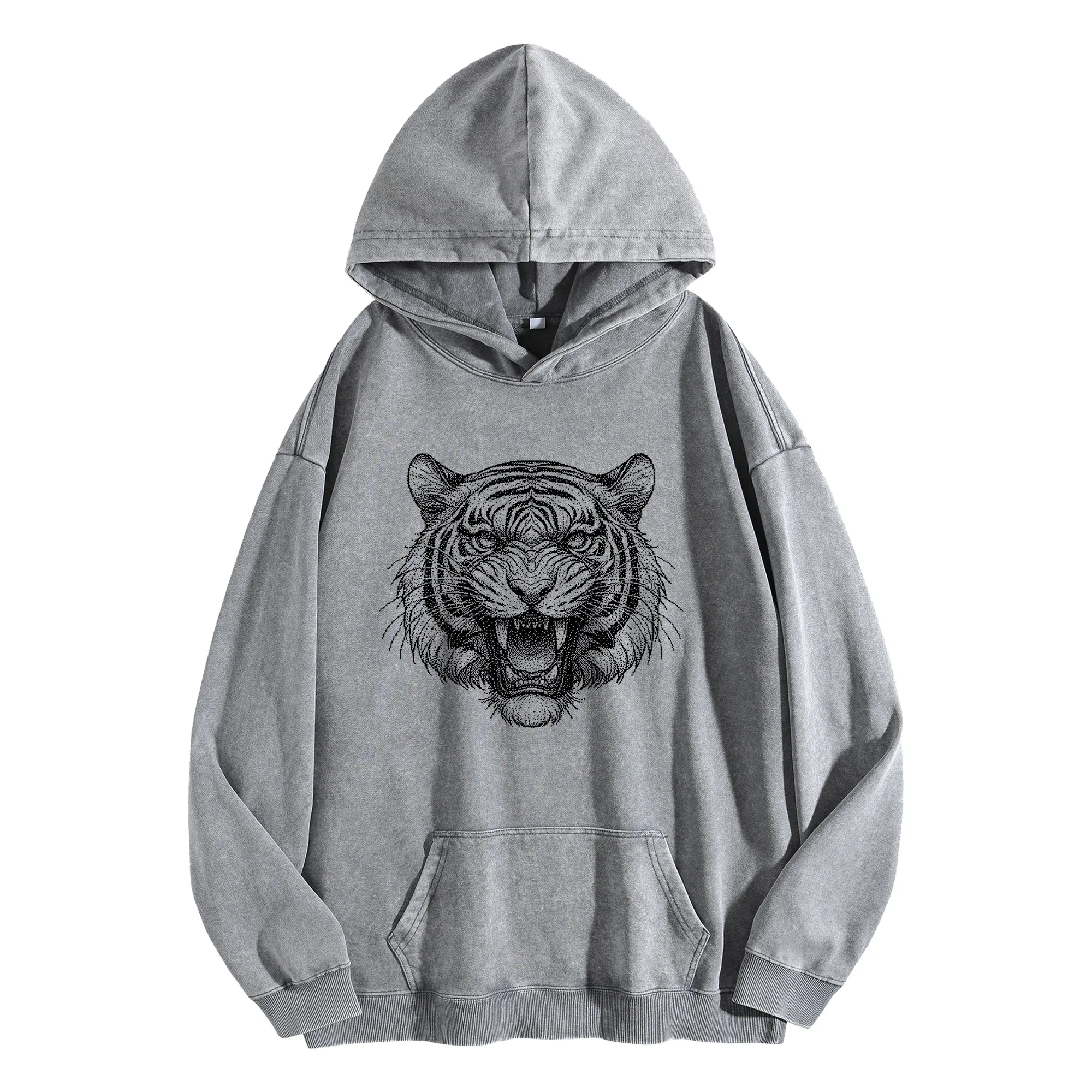 

Винтажная стираная толстовка с рисунком Tiger King 400G, унисекс, уличная одежда большого размера, пуловер на осень/зиму